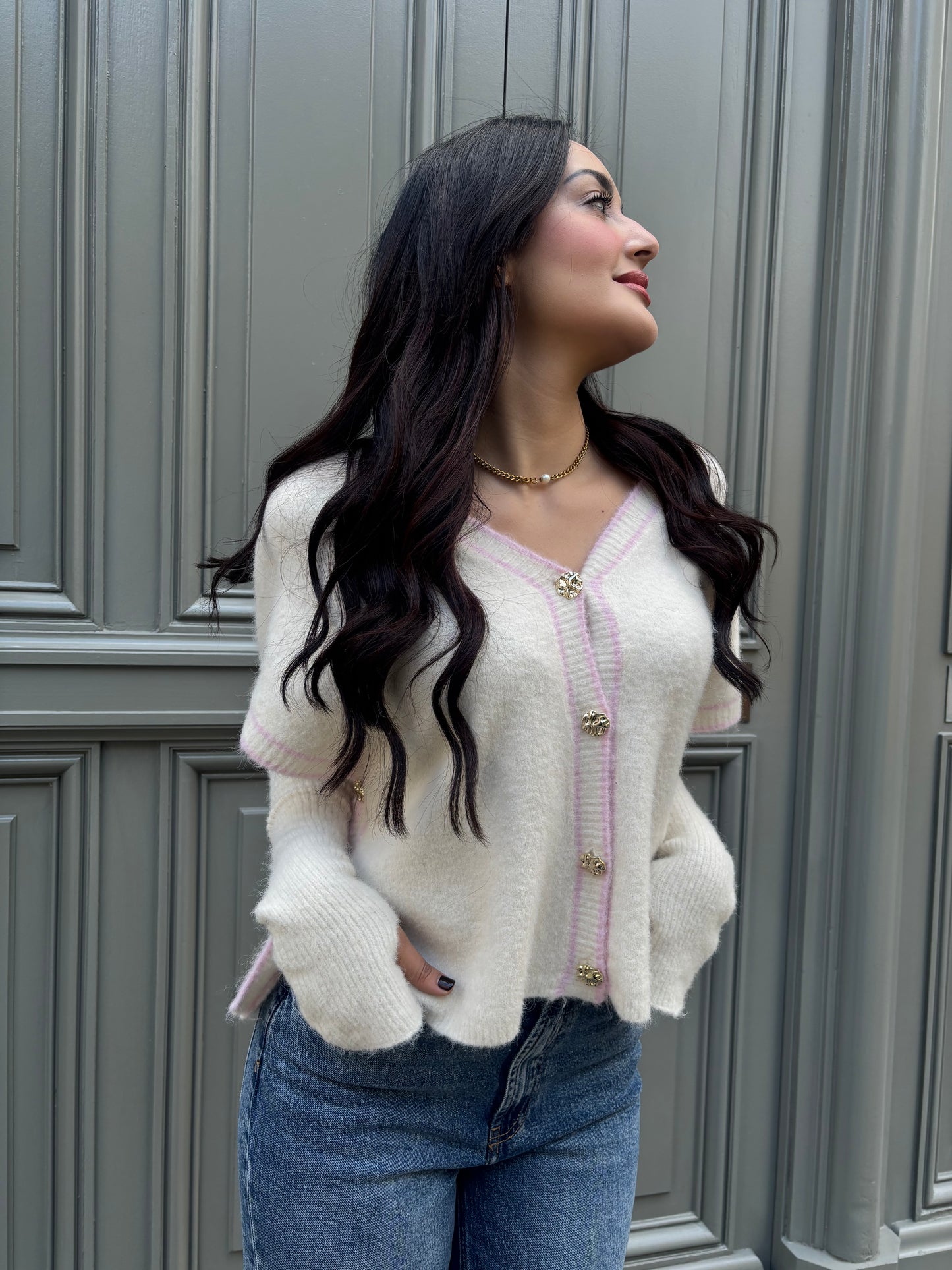 Gilet Blanc avec Couture Rose