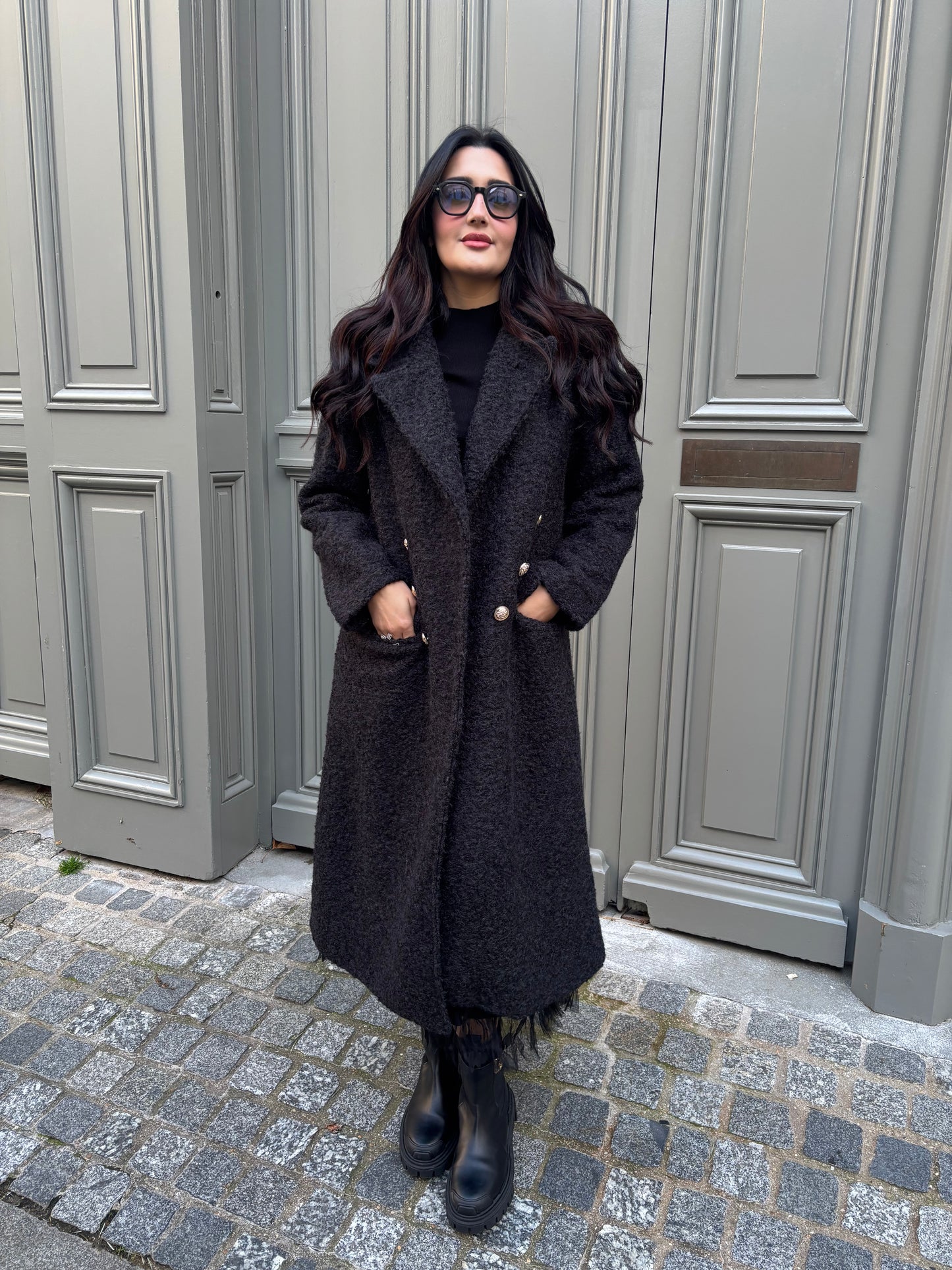 Manteau noir Mi-Long à Col Revers