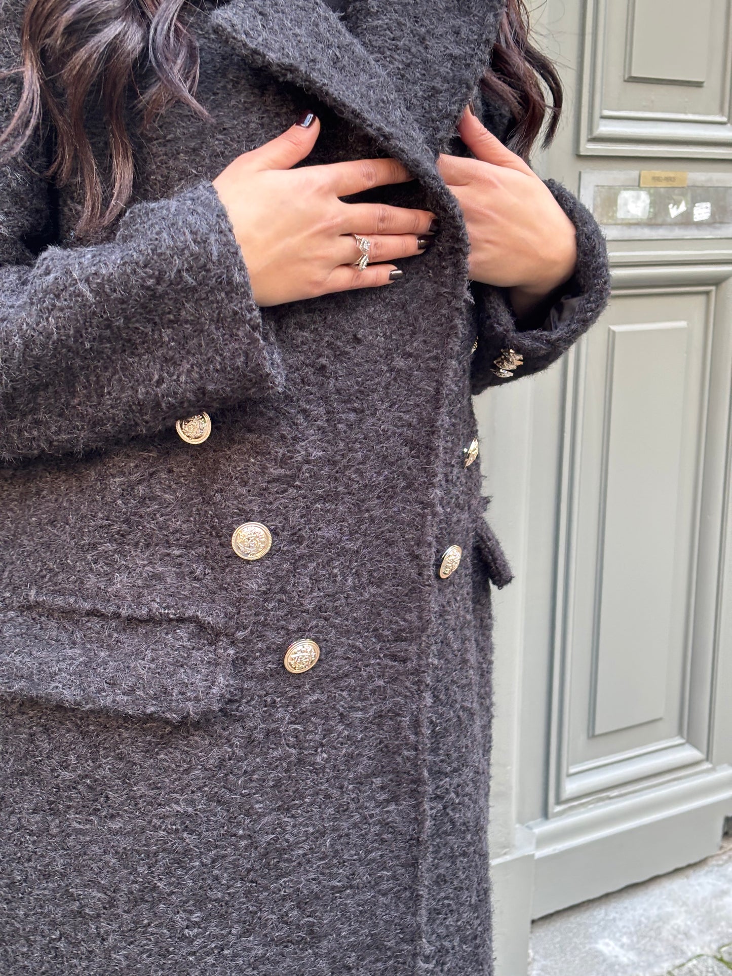 Manteau noir Mi-Long à Col Revers