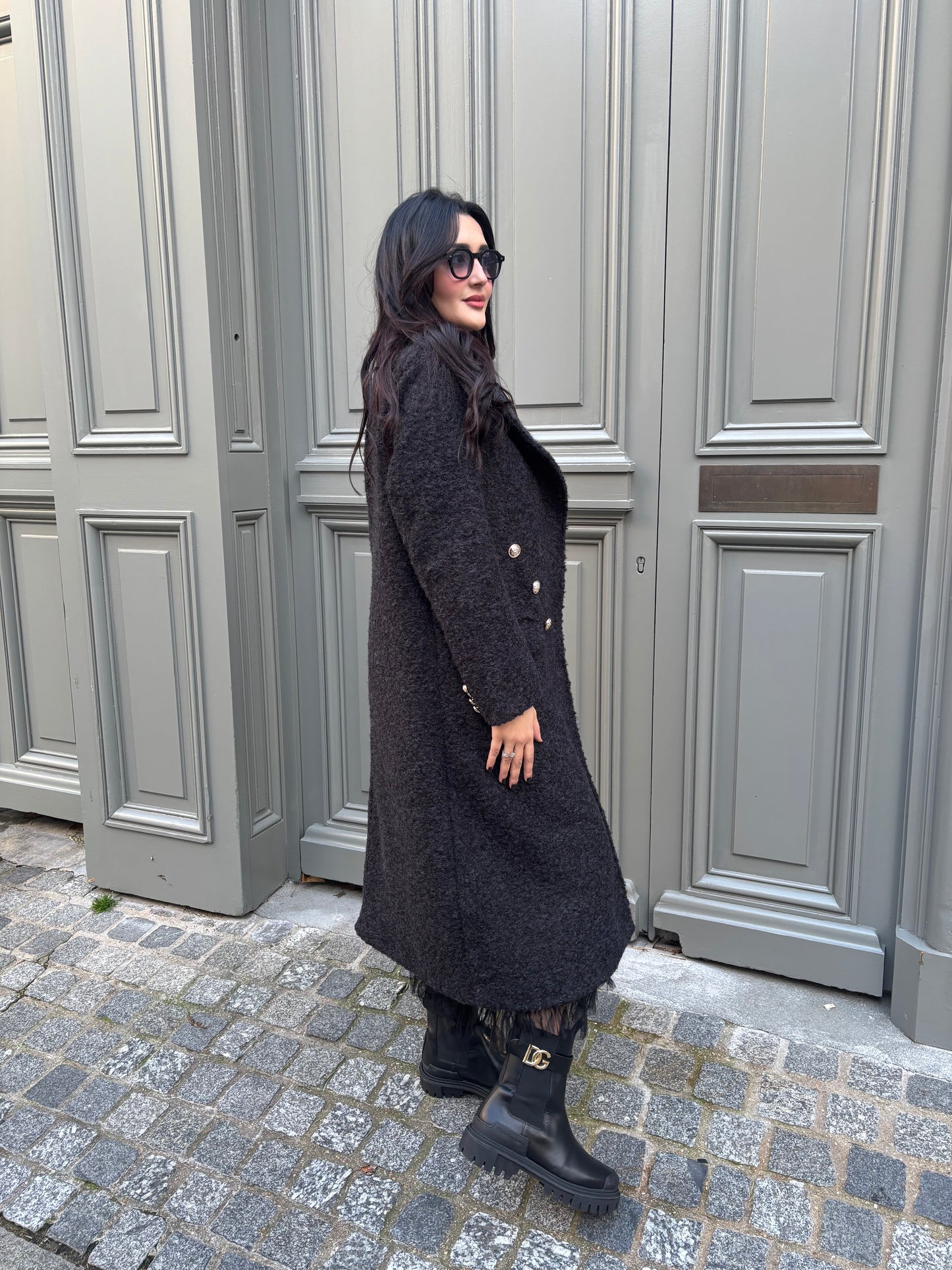 Manteau noir Mi-Long à Col Revers