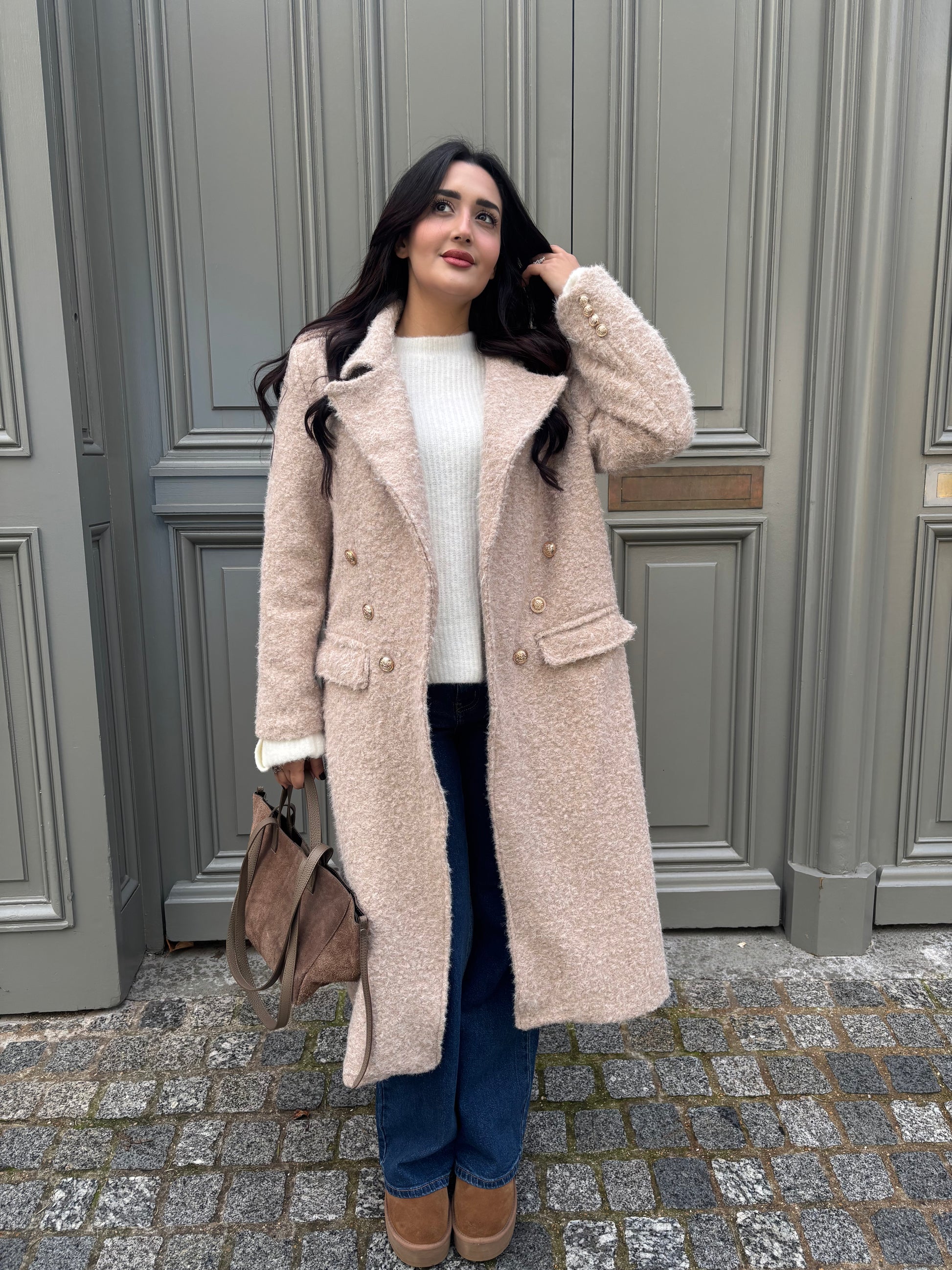 Manteau Beige Mi-Long à Col Revers